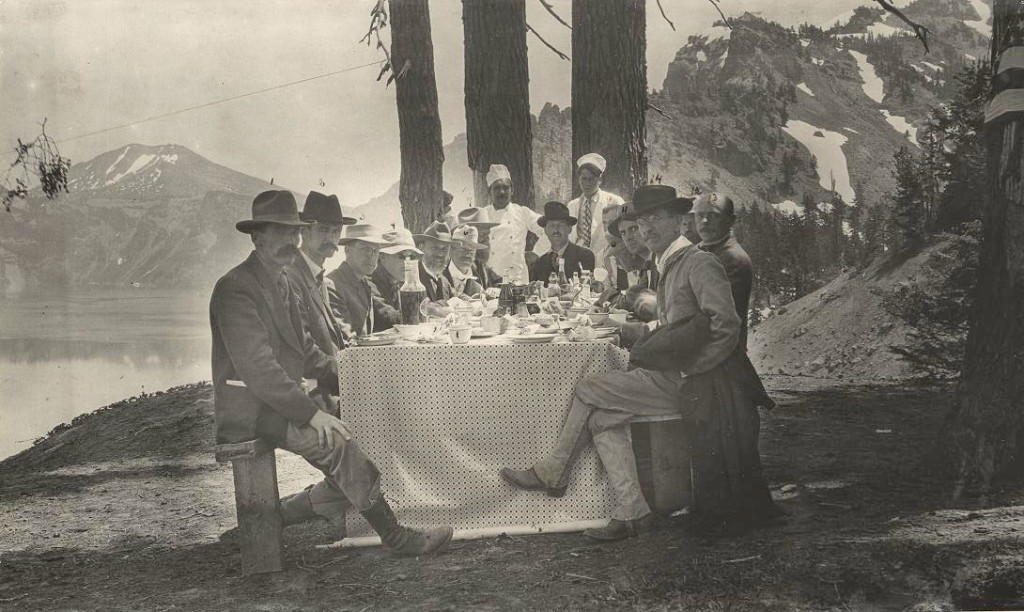 1907 Secretary of the Interior under President T. Roosevelt, James R. Garfield, the third son of President James A. Garfield, (4th on left) proved himself to be a hardy bather during a buggy ride to Crater Lake by swimming both in the Rogue River near Natural Bridge and by dipping in the sapphire-blue waters of the Lake itself. (Medford Daily News) 