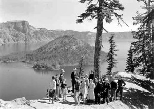 Ranger Naturalist with Party of Visitors on the Rim of Crater Lake, historic photograph 1941 Photographer: George A. Grant Image source: NPS Historic Photograph Collection (online) at Harper's Ferry web site. Description: Ranger Naturalist with party of visitors on the rim of Crater Lake. Catalog Number: HPC-000471