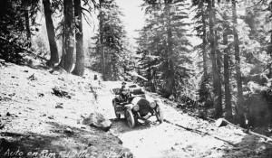 Automobile on Rim Road, Mile Two, historic photograph Black and white photograph, 1913 This digital image is from the Library of Congress' Prints and Photographs online catalog. Written on the front, bottom of the print is, "Auto on Rim Rd. Mile 2 10/2/13 Crater Lake National Park 81". typed on the front below the print is, "No. 81. Automobile on Rim Road, mile two. 10/5/13." This photograph is a part of the Historic American Buildings Survey/Historic American Engineering Record. It's number is HAER OR-107.