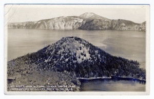 Title (front): Mt. Scott and Wizard Island Crater Lake Postmark: Crater Lake, Oregon. Sep 14 1912 A.M. Stamp: 1 cent Card Number(s): 1208 (front) Photographer: Copyright 1911 by Miller Photo Co. Publisher: Miller Photo Co., Klamath Falls, Oregon Writing Correspondence: Yes