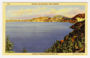 Title: Crater Lake National Park, Oregon, Looking Toward Enchantment Bay Card Number(s): "The Jeweled Sapphire of the Cascades" Unlike and other natural wonder in the world, Located in Southern Oregon. 6000 feet above sea level. A body of water six miles in diameter of unbelievable blue, occupying the crater of an extinct volcano. Encircled by steep walls of lava, that tower 2000 feet above the surface of the Lake. Card Number(s): 878, 7A-H989 Photographer: Frashers Fotos Publisher: Wesley Andrews, Co., Portland, Ore.