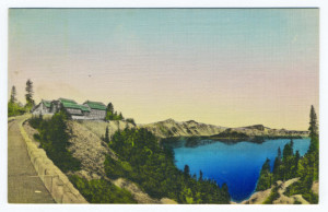 Postmark: Crater Lake, Oreg., Jun 27 P.M. 1936 Stamp: 1 cent Back Caption: The Lodge, Crater Lake, Crater Lake National Park, Oregon Publisher: Crater Lake National Park Co.