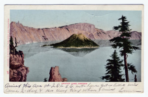 Back Caption: Crater Lake-No. 1198-Looking northwest from Lodge Card Number(s): No. 1198 (back) Photographer: Copyright (symbol only) Kiser Publisher: Scenic America Co. by West Coast Engraving Co., Portland, Oregon. Printed in U.S.A.