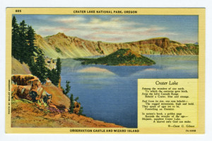 Title: Crater Lake National Park, Oregon, Observation Castle and Wizard Island Back Caption: In Southern Oregon, sixty miles north of the California line, stands a broken remnant of a once mighty mountain. In the ancient crater bowl of this mountain, lies one of the world's scenic wonders, a lake whose romantic setting and bewitching coloring are unmatched anywhere. The lake itself is a six and one half miles long and four and a quarter miles wide. Its depth varies up to 2000 feet. It is entirely surrounded by steep volcanic cliffs that rise 2000 feet above the surface. Card Number(s): 885, 7A-H998 Publisher: Wesley Andrews Co., Portland, Ore.