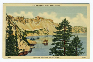 Title: Crater Lake National Park, Oregon, Phantom Ship From Dutton Cliff Card Number(s): 877, 7A-H987 Publisher: Wesley Andrews Co., Portland, Ore.