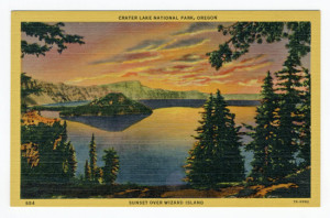 Title: Crater Lake National Park, Oregon, Sunset Over Wizard Island Back Caption: When the sun is in the west, and the shadows fall on the shimmering surface of this great "Sea of Silence", words prove futile to describe the effect on those viewing this grand spectacle for the first time. Card Number(s): 884, 7A-H992 Publisher: Wesley Andrews, Inc., Portland, Ore.