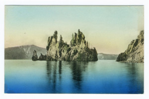 Back Caption: Phantom Ship in Crater Lake, near Ashland, Oregon. Publisher: McNair Bros., Ashland, Oregon