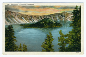 Title: Sunset on Crater Lake, Oregon Postmark: Boardman, Oreg. Aug 11, 1936 Stamp: 1 cent Back Caption: Crater Lake is one of the grandest natural scenic lakes of the west. It is the highest body of water existing, being 8,000 feet above sea level, exceeds 2,000 feet in depth and has no visible outlet. Is surrounded by a National Reserve, situated in the Cascade Range, very popular for vacation and automobile trips. Card Number(s): 921, 90318 Publisher: Wesley Andrews, Inc., Portland, Ore.