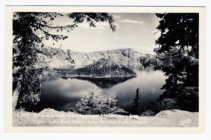 Title: Wizard Island, Llao Rock, and Mt. Thielson from Crater Lake Rim, Crater Lake National Park, Oregon. Postmark: Crater Lake, Ore. Jul 1941 Stamp: 1 cent Card Number(s): 14 099 (front) Publisher: Sawyer Scenic Photos