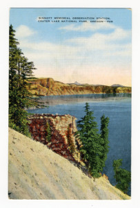 Title (front): Sinnott Memorial Observation Station, Crater Lake National Park, Oregon-P28 Back Caption: Crater Lake National Park was created to preserve the deepest and the bluest lake in the world. Crater Lake itself is over 6,000 feet up in the Cascade Mountains. It is 15 miles long, 4 1/2 miles wide and 2,000 feet deep. Card Number(s): 31860 (back) Publisher: Natural Color Post Card Made in U. S. A. By E. C. Kropp Co., Milwaukee, Wis.-(Hey)