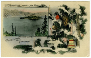 Title: Merry Christmas and Happy New Year, Greetings from Crater Lake, Oregon Postmark: Salem, Oregon, Dec 18-1? 5PM Stamp: 1 cent Publisher: Patton Post Card Co., Salem, Oregon.