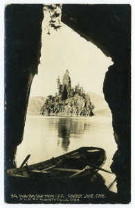 Title (front): Phantom Ship From Cave, Crater Lake, Ore. C.L.P. Co Klamath Falls Ore. Card Number(s): 34. Writing Correspondence: Yes