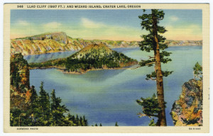 Title: CRATER LAKE NATIONAL PARK, OREGON Oregon (front, center-top) WIZARD ISLAND FROM LLAO CLIFF (front, center-bottom) Stamp: None. "PLACE ONE CENT STAMP HERE" empty box. Description Back caption: The Blue of the lake is broken by the forest covered Wizard Island, a miniature volcanic cinder cone, which rises 850 feet above the surface of the lake, itself 6000 feet above sea level. Vertical Divider Text (back): "C.T. ART-COLORTONE" REG. U.S.PAT.OFF.-WESLEY ANDREWS CO., PORTLAND, ORE. Card Number(s): 870 (front, upper-left), 7A-H986 (far right, vertical text) Publisher: Copyright (copyright symbol) FRASHERS FOTOS (bottom-right corner)