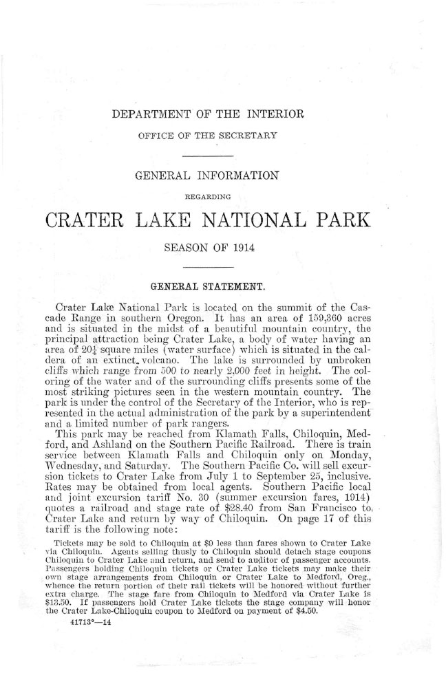 Crater Lake Information Brochure – 1914