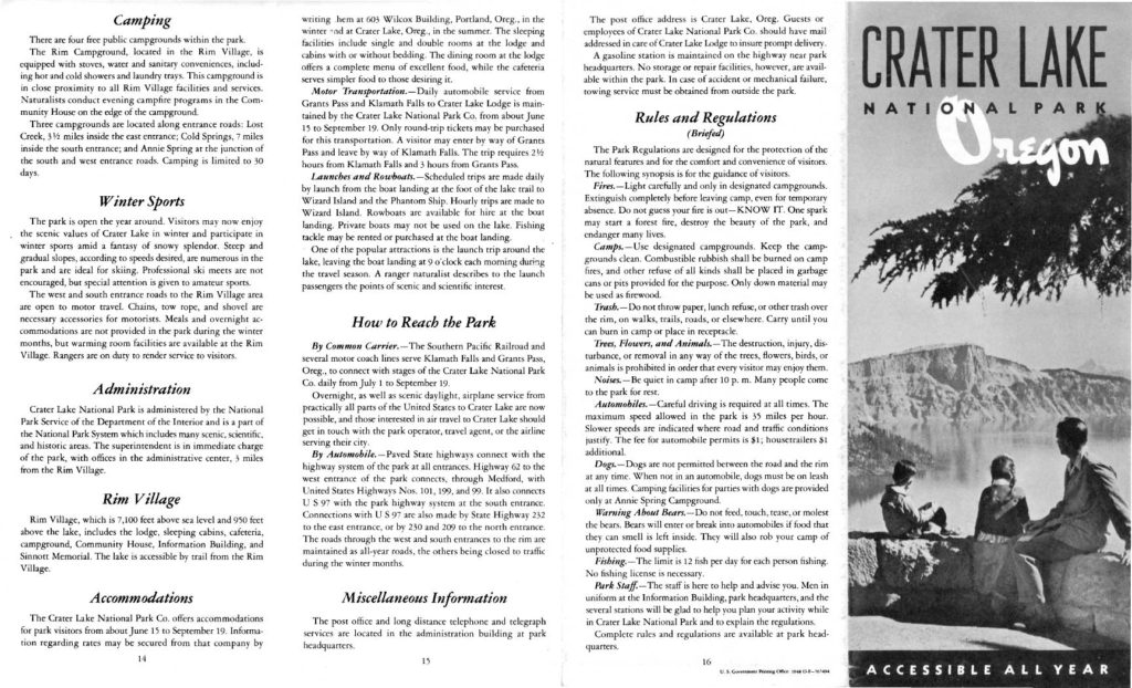 Crater Lake Informational Brochure – 1948