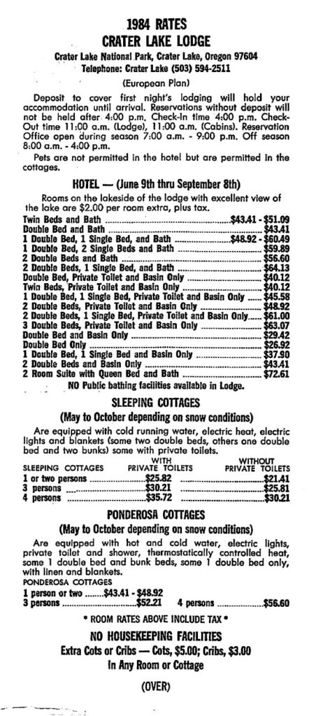 Leaflets – 1984 Crater Lake Lodge Rates