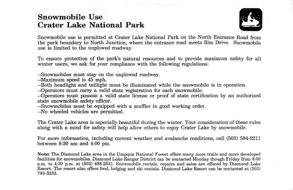 Leaflets – Snowmobiles at Crater Lake date unknown