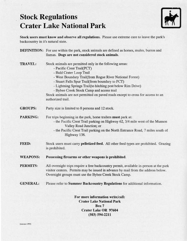 Leaflets – Stock Regulations at Crater Lake National Park 1993