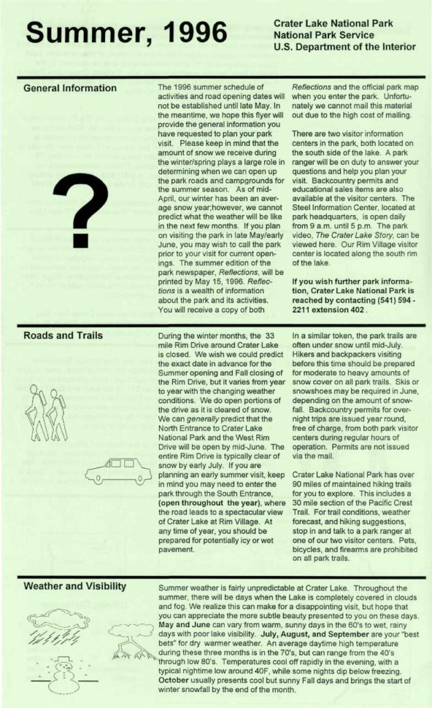 Leaflets – Crater Lake Summer 1996 information