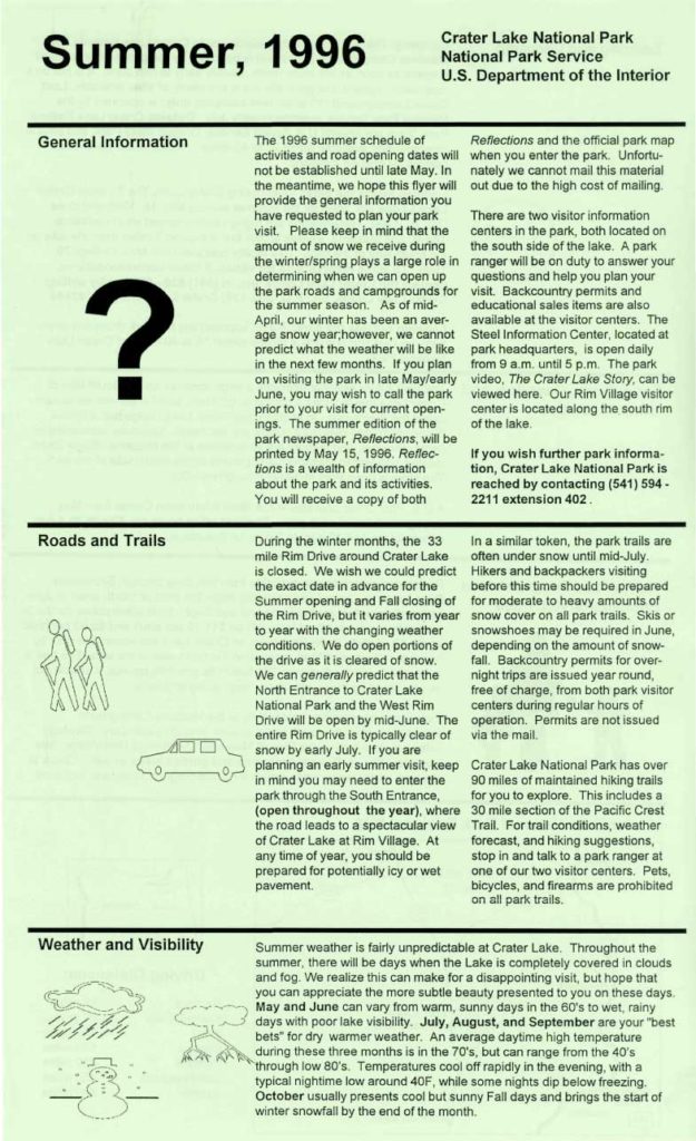 Leaflets – Crater Lake Summer general information 1996