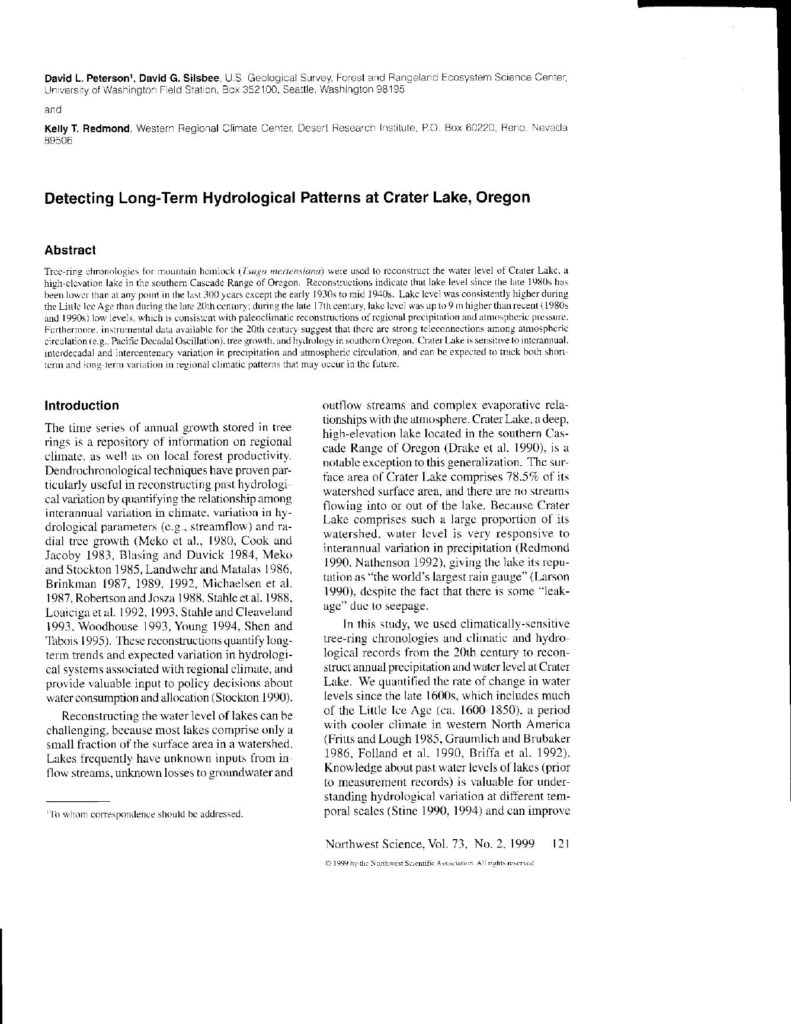 Detecting Long-Term Hydrological Patterns, Peterson, Silsbee, Redmond, Northwest Science, Vol. 73, No. 2, 1999