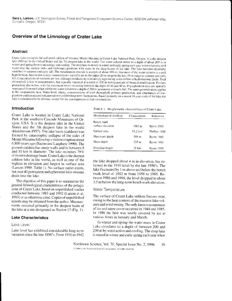 Overview of Limnology at Crater Lake Larson 1996