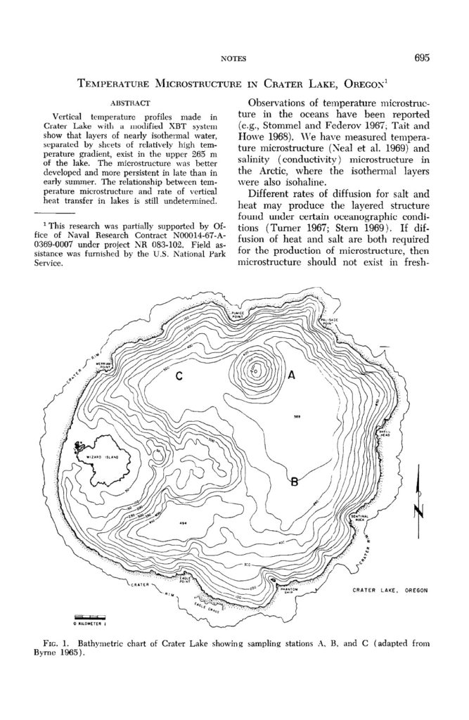 Temperature Microstructure in Crater Lake, by Neal, Neshyba, Denner, Limnology and Oceanography, Vol. 16, No. 4 July, 1971