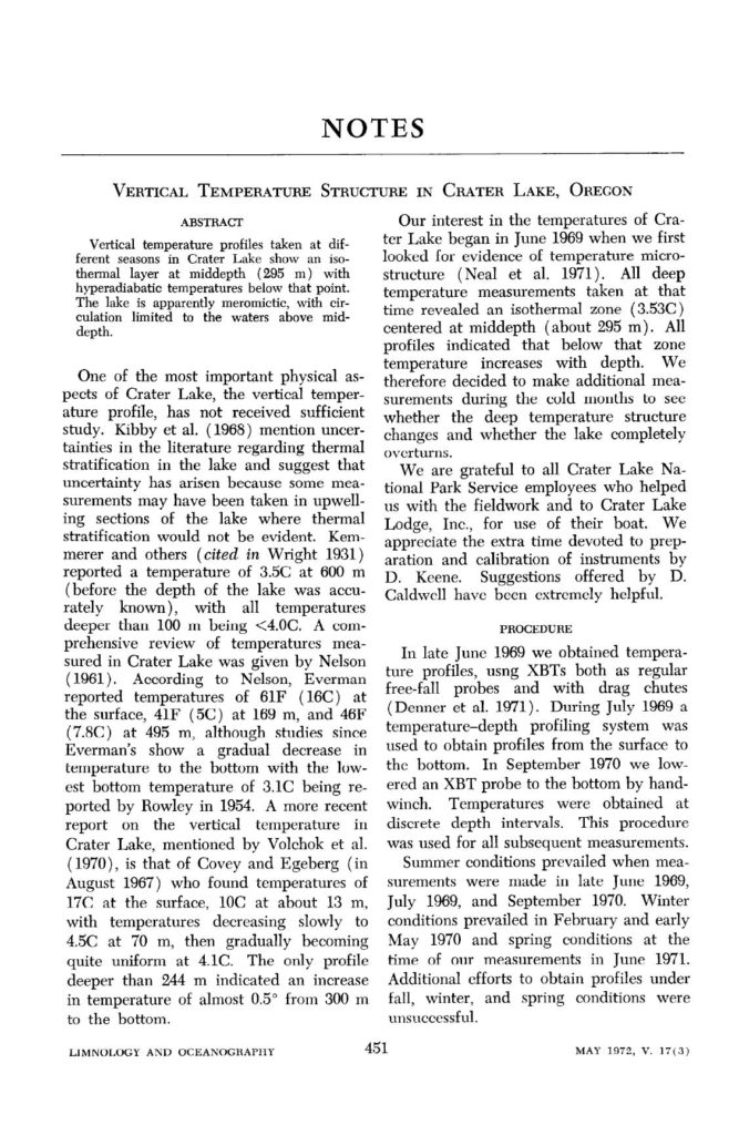 Vertical Temperature Structure in Crater Lake, Oregon (PDF file) by Neal, Neshyba, Denner, Limnology and Oceanography, Vol. 17, No. 3 May, 1972