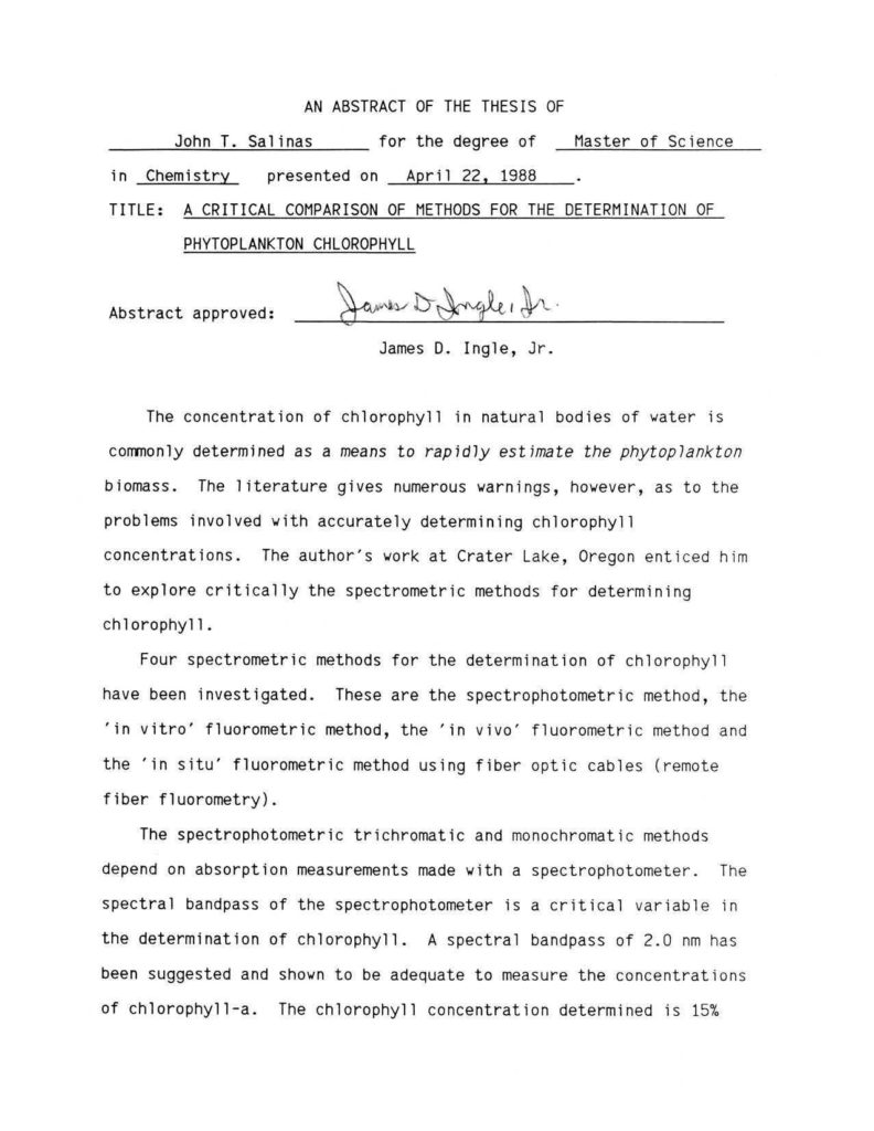 Critical Comparison of Methods of Phytoplankton – John Salinas 1988