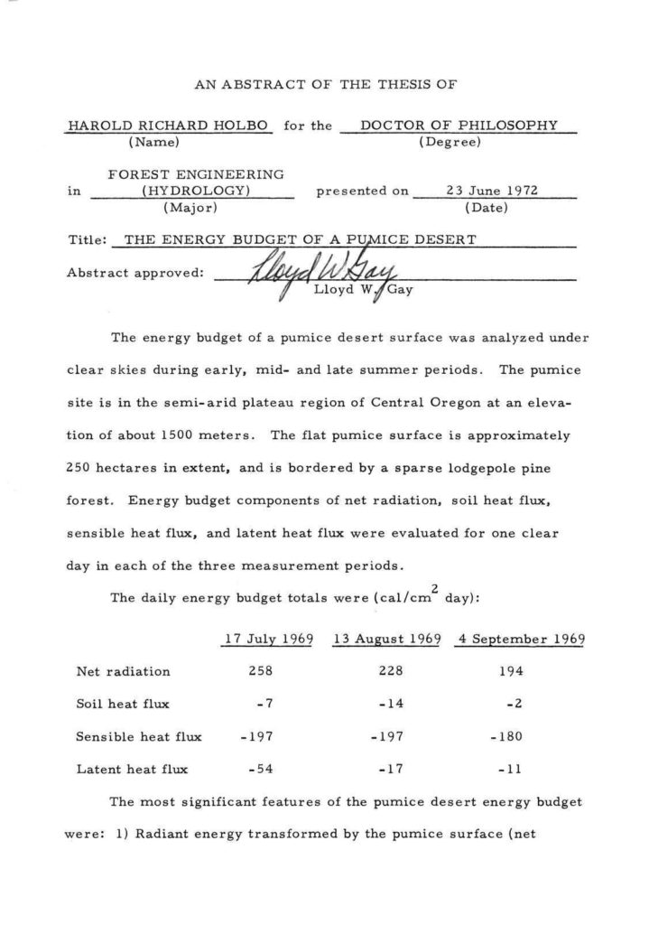 Energy Budget of Pumice Desert 1972