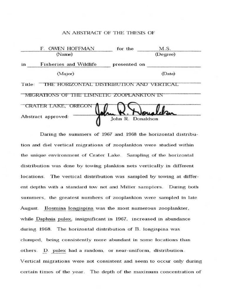 Horizontal Distribution and Vertical Migrations of Zooplankton –  Owen Hoffman 1969