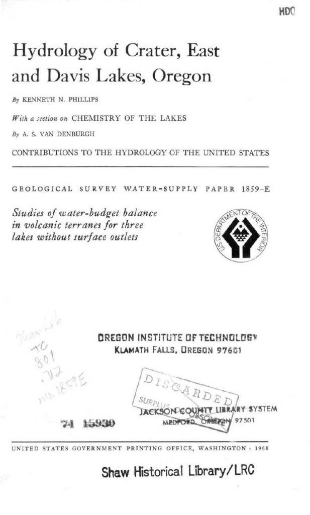Hydrology of Crater, East and Davis Lakes – Phillips 1968