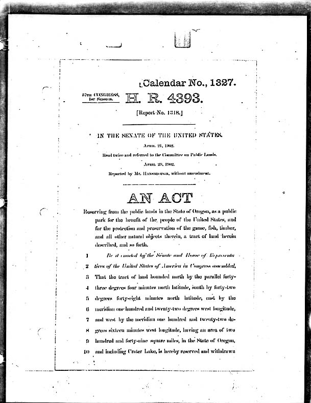Senate Act to Make Crater Lake a Park 1902