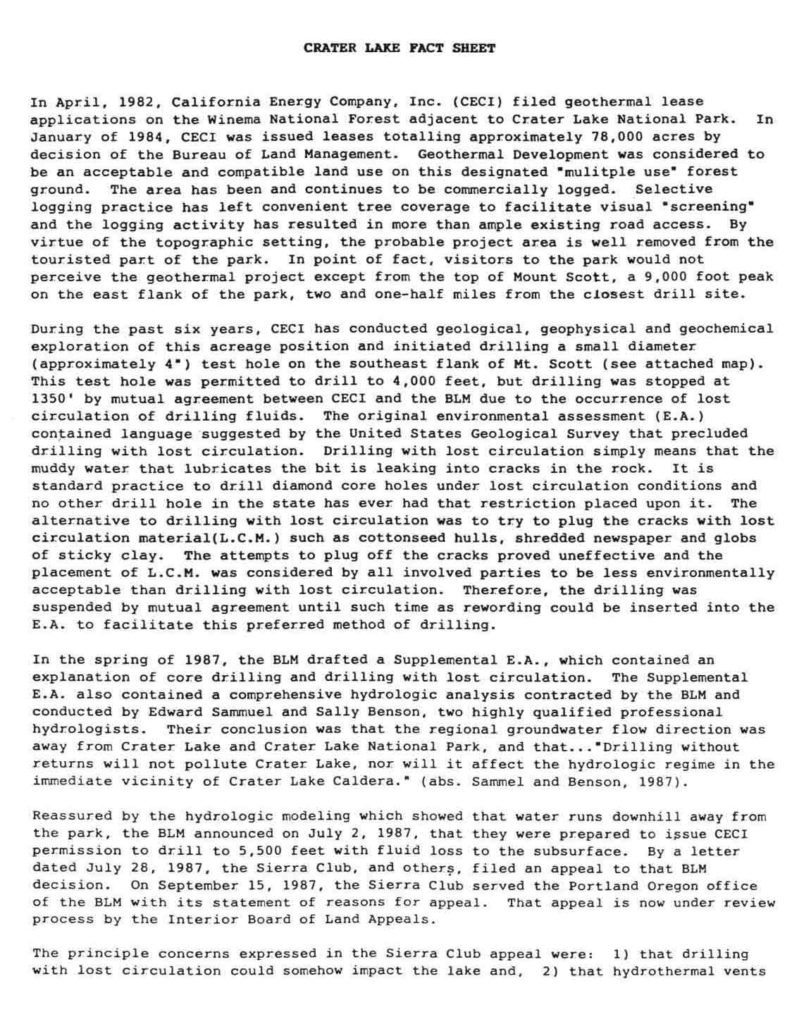 Crater Lake Geothermal Drilling Fact Sheet 1982
